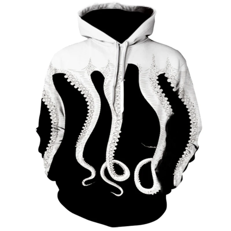 

2019 autumn and winter new men's fashion casual travel thin hoodie 3D black and white two-color octopus print S-5XL