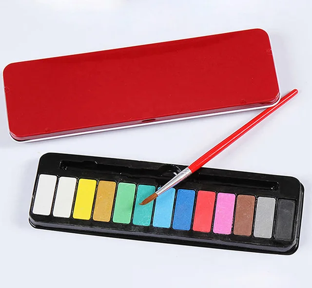 13 Colors Red Tin Box Watercolor Paints 1 pcs Brush Set For School