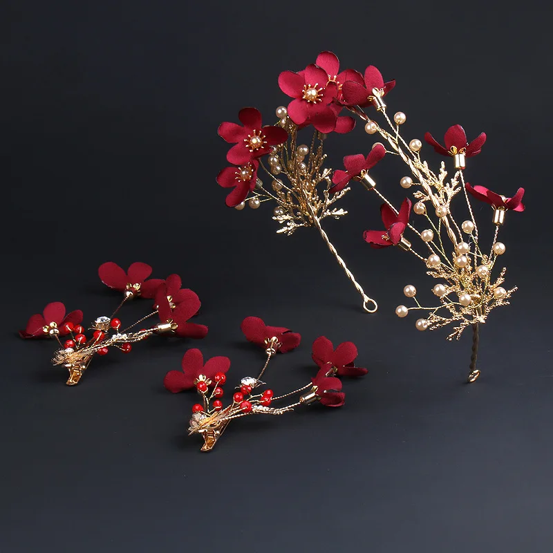 

3Pcs New Bridal Red Flower Crown Bridesmaid Tiara Handmade Floral Pearls Hairband Hair Jewelry Wedding Hair Clips Accessories