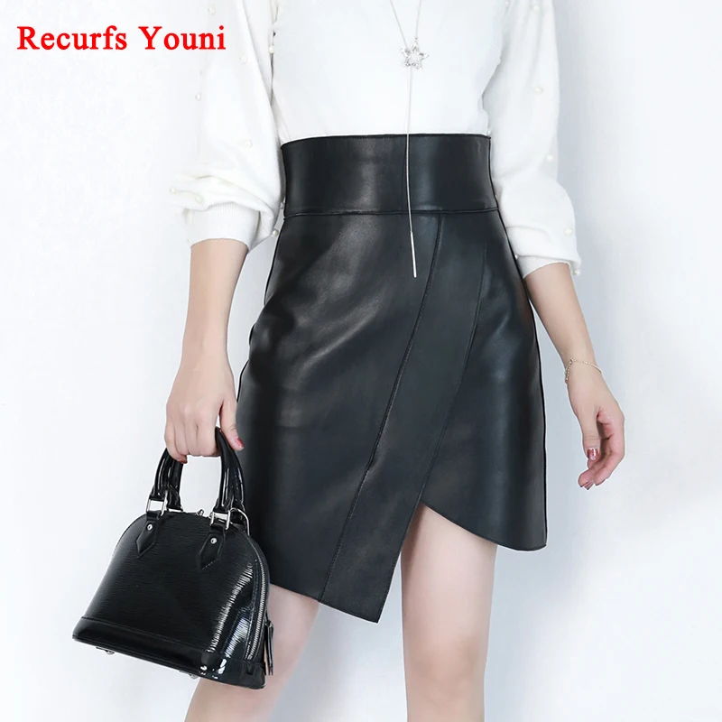 RYS8343 для женщин Harajuku мода шоу Высокая талия асимметричный косой вилка черная юбка Femme натуральная кожа уличная обёрточная бумага Gonne