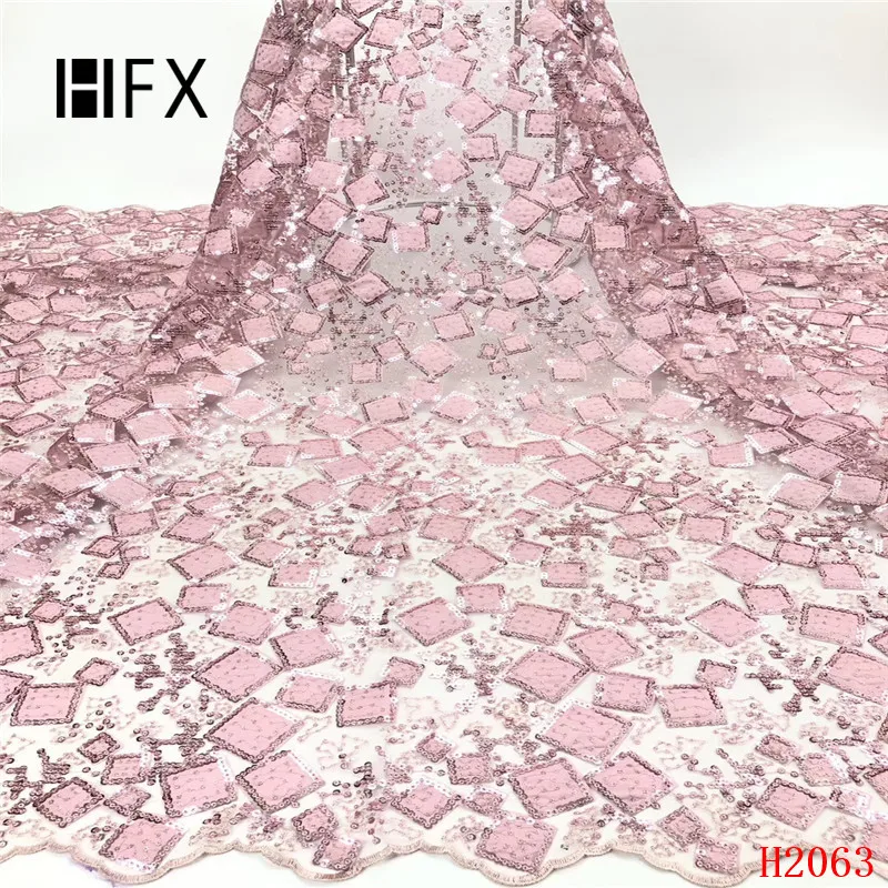 

HFX New Design Nigerian Lace Latest African Lace 2019 Bridal Lace Fabric Pink African High Quality Sequins Lace Fabric F2063
