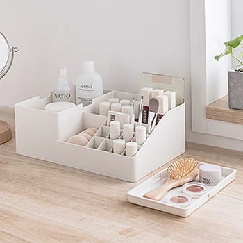 

Desktop Solid Color Cosmetic Storage Box Large Plastic Dormitory Dressing Table Stationery Organizer Case Home Makeup
