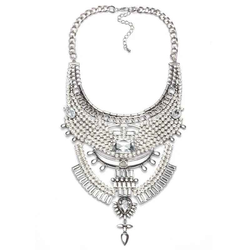 Массивная винтажная Серебряная цепочка со стразами ожерелье Макси Ретро колье Femme нагрудник Массивный воротник винтажное ожерелье для женщин - Окраска металла: White