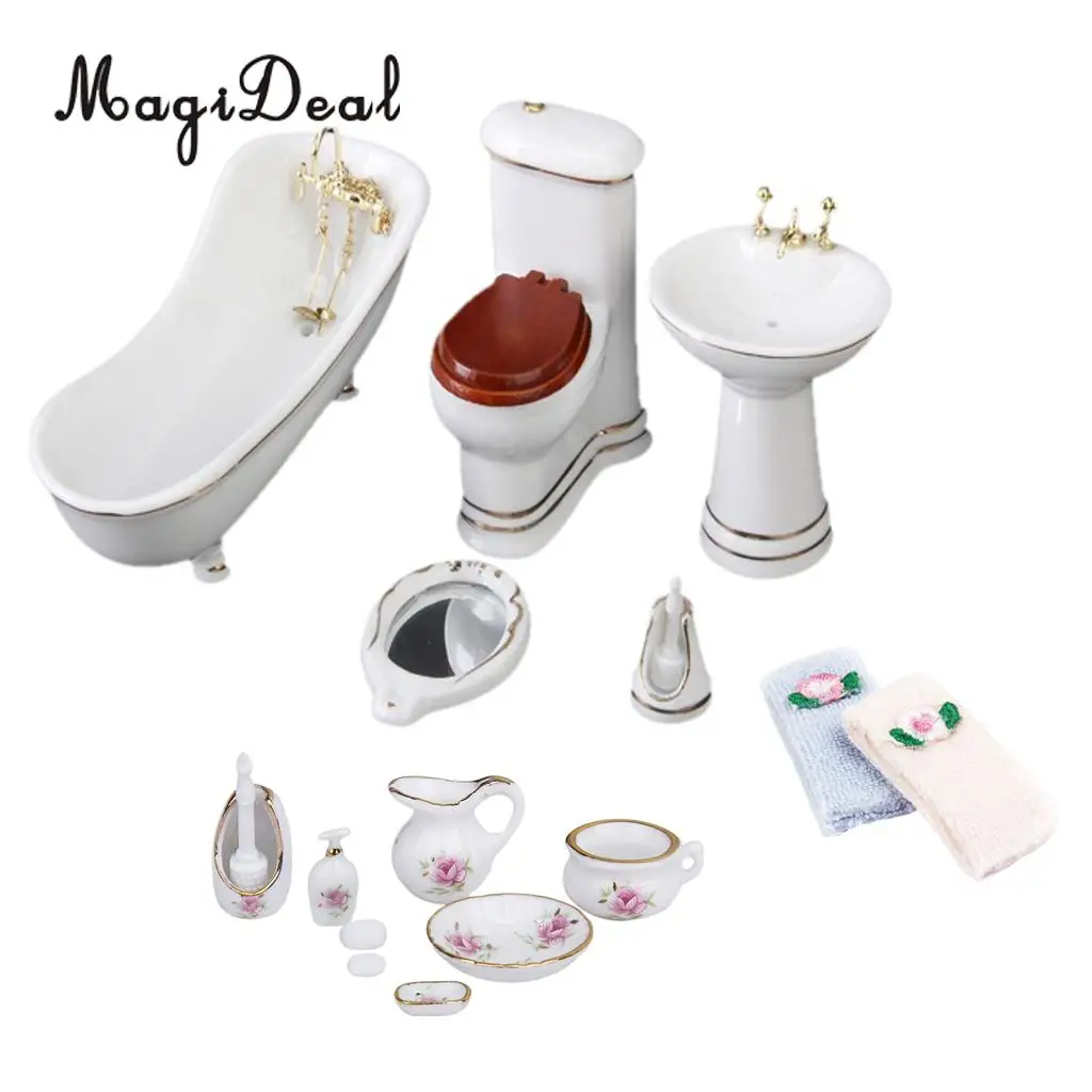 Dollhouse 1:12 Scale Bathroom Porcelain Toiletries Containers Wash Cloth Furniture Kit for Dolls House Life Scene Decor Toys