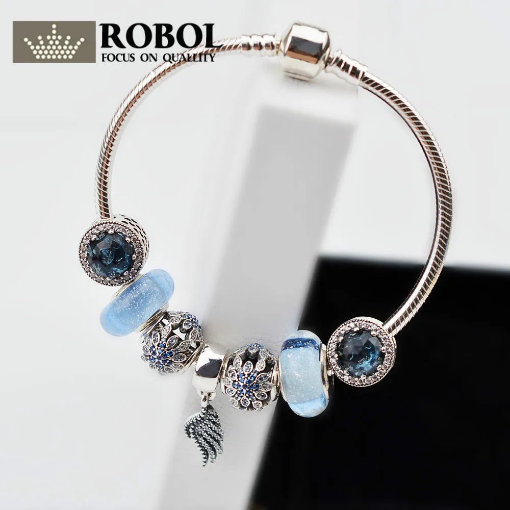 

ROBOL 925 Sterling silver Summer Style European Charm Bracelet with Water Drops Sling Charm Bracelets for Women Gift