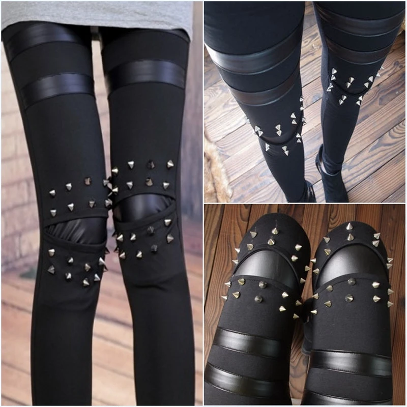 

lady fashion punk rock leggings rivet metal street wear gothic skinny leggings club bar disco pants women pencil bottom clothing