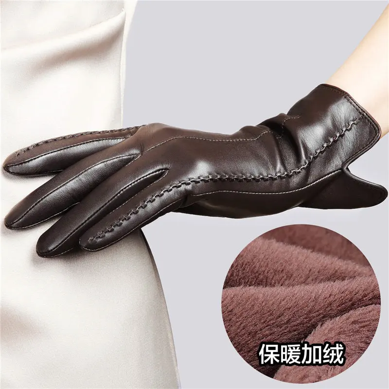 Dark Brown Женские перчатки из натуральной кожи женские новые стильные теплые плюшевые с подкладкой осень зима овчина вождения варежки L085NC4 - Цвет: Dark Brown