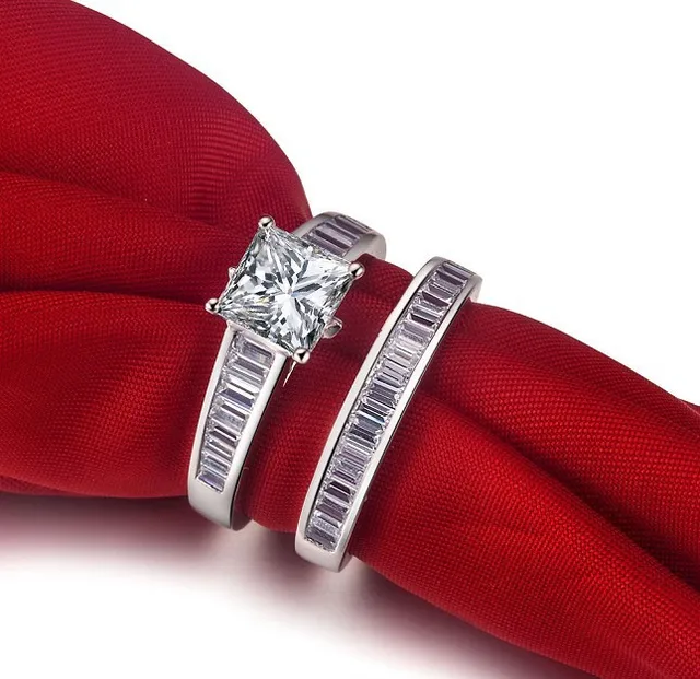 25 carat princess cut genuine synthetic diamonds engagement rings set women s925 band sterling silver marriage - Sterling Silver Diamond Wedding Ring Sets 25 carat princess cut genuine synthetic diamonds engagement rings set women s925 band sterling silver marriage - Sterling Silver Diamond Wedding Ring Sets