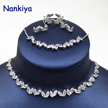 

Nankiya Cute Leaf Choker Jewerlry Set Clear White Cubic Zirconia Resizable Necklace Turkish Jewelry Sets For Women Wedding NC502