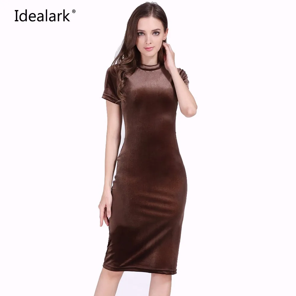 Idealark-Women-Brown-Velvet-Sheath-Dresses-Summer-Ladies-Round-Neck-Short-Sleeve-Knee-Length-Elegant-Pencil