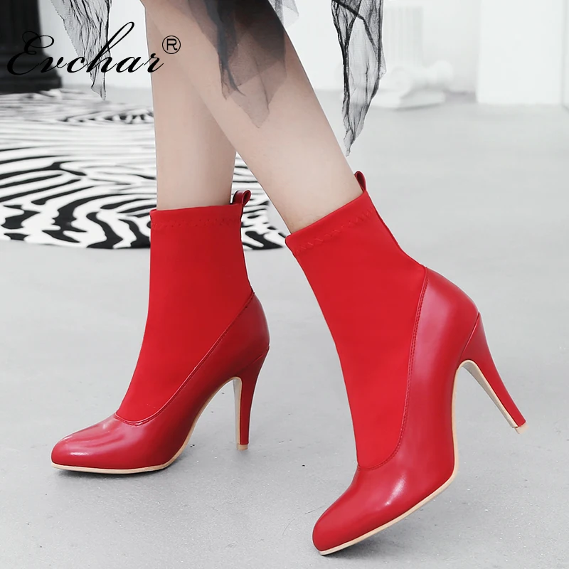 

EVCHAR New Arriva Stretch Fabric Women Ankle Boots Pointed Toe super High Heels Slip-On Sexy Sock heels Chelsea Boots size 32-48