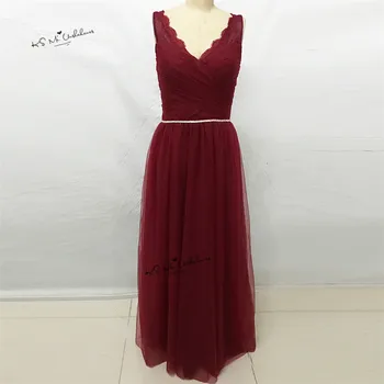 

Burgundy Bridesmaid Dresses 2017 Pleated Vestidos de Madrinha Tulle Lace Long Wedding Party Dress Gowns V Neck Back Crystal Belt