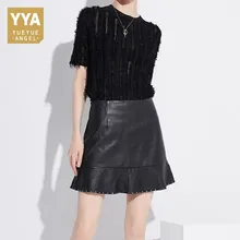 Европейской летней Для женщин из овечьей кожи; модная плиссированная юбка с заклепками в стиле «панк» Повседневное уличная пикантные женские, облегающие рюшами офисные юбки Faldas