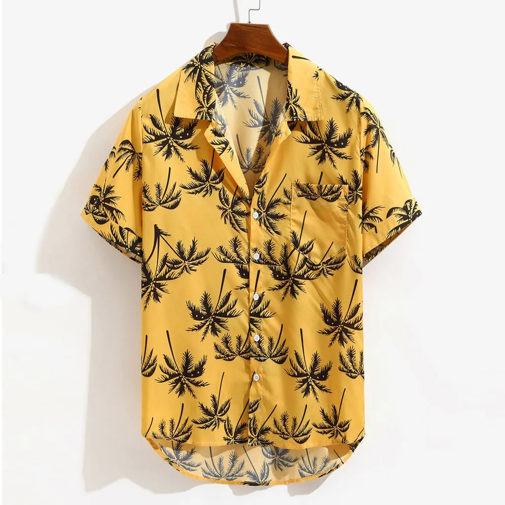 

New Fashion Men's Short Sleeve Yellow Print Shirts Male Loose Sexy Summer Casual Turn Down Neck Blouse Tops Plus Size M-3XL