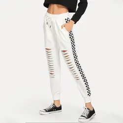 Harajuku осенние модные повседневные тренировочные брюки карандаш брюки женские белые боковые клетчатые свободные уличные эластичные талии
