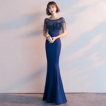 

Elegant Lady Blue Long Cheongsam Chinese Style Fishtail Evening Party Gown Novelty Tassel Robe De Soiree Formal Party Dress