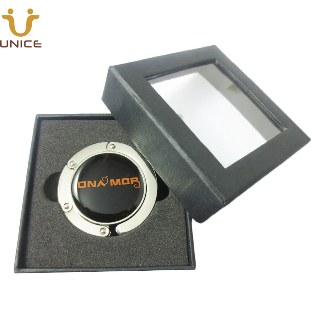 

100pcs/lot Custom Your LOGO Table Purse Hanger Magnetic Bag Holder Customized Handbag Hook & Gift Box Business Promotion Gifts
