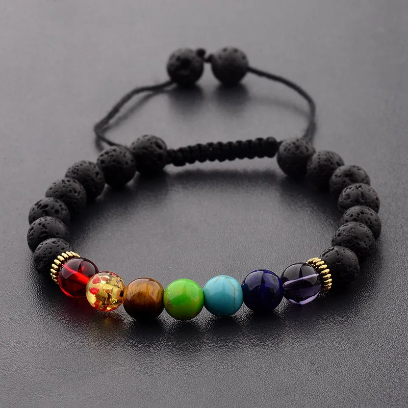 

Amader 7 Chakra Colorful&Black Lava Stone Weave Braiding Bracelet Men Handmade Beads Bracelet For Women Jewelry AB217