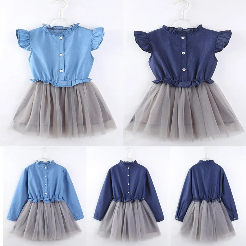 Children Dress 2019 New Autumn Fashion Style Baby Girls Party Princess Kids Jeans Tulle Mesh Layer | Детская одежда и обувь