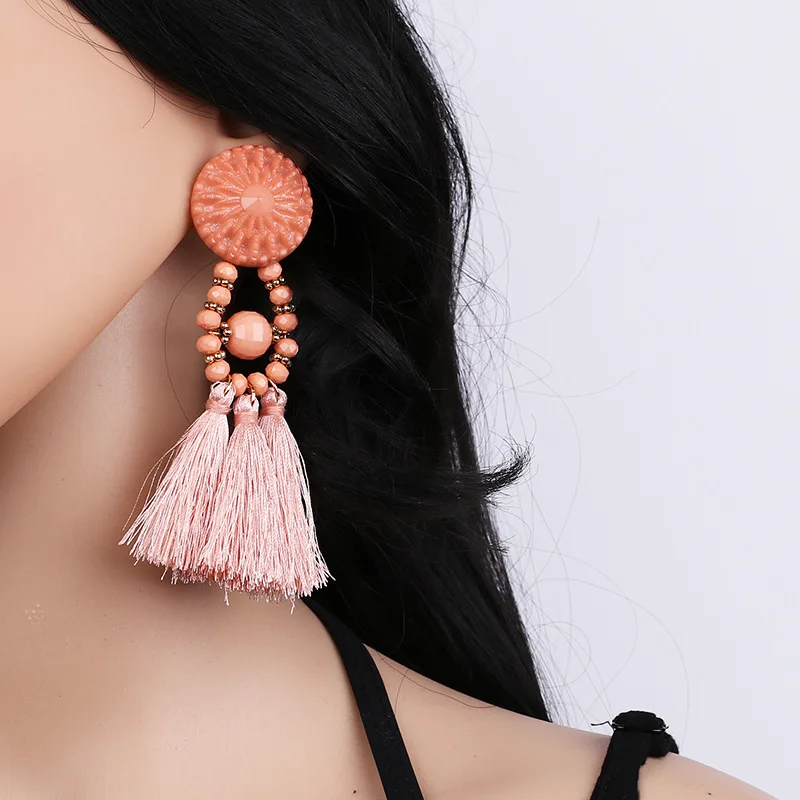 

Popular Handmade Retro National Style Long Section Tassel Earrings Bohemian Style Drop Earrings Beach Party Ear Decoration