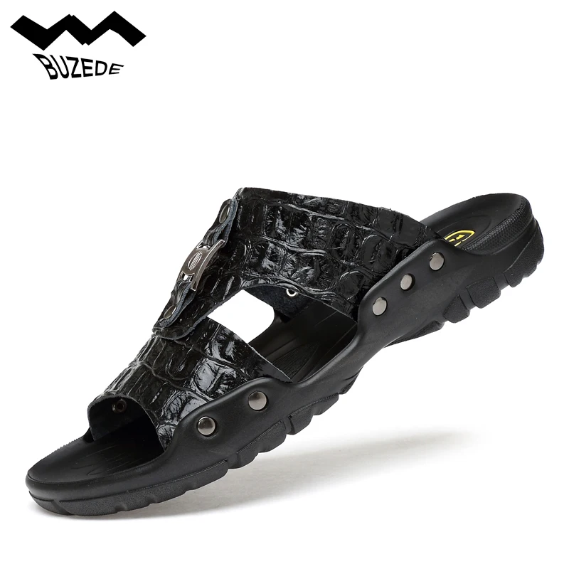 

Genuine Leather Summer Men's Slippers Crocodile Pattern Beach Slippers Casual Man Shoes Black White Blue Brown Cow Leather Shoes