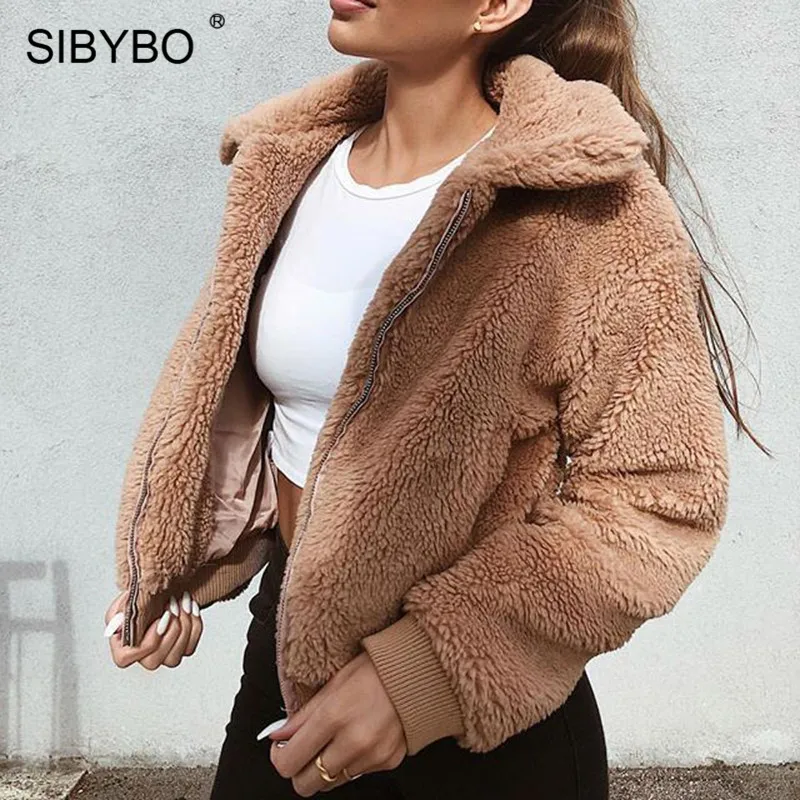 buy SIBYBO Teddy Cozy Warm Winter Jacket Women Long Sleeve Pockets Slim Women Coats and Jackets Solid C