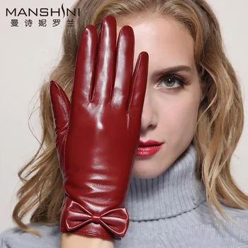 

Leather gloves plus velvet thick winter ladies warm touch screen short bowknot sheepskin gloves women's fashion gloves 098