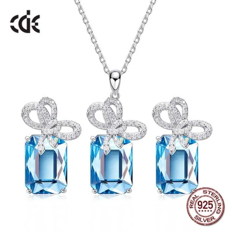 

100% S925 Sterling Silver Crystals from Swarovski Wedding Bow Necklace and Earrings Jewelry Set for Women Valentine's Day Gifts