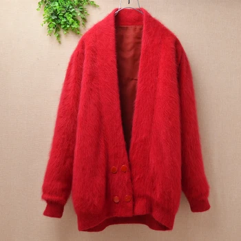 

Real photoes women winter thicken long red christmas fluffy mink cashmere cardigan loose angora rabbit fur sweater coat mantle