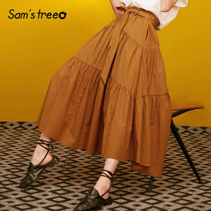 

Samstree Cotton Vintage Women Skirts,2019 Autumn New Women Mid-Calf Skirt Elegant Fashion Mid Waist A-Line Office Lady Skirts