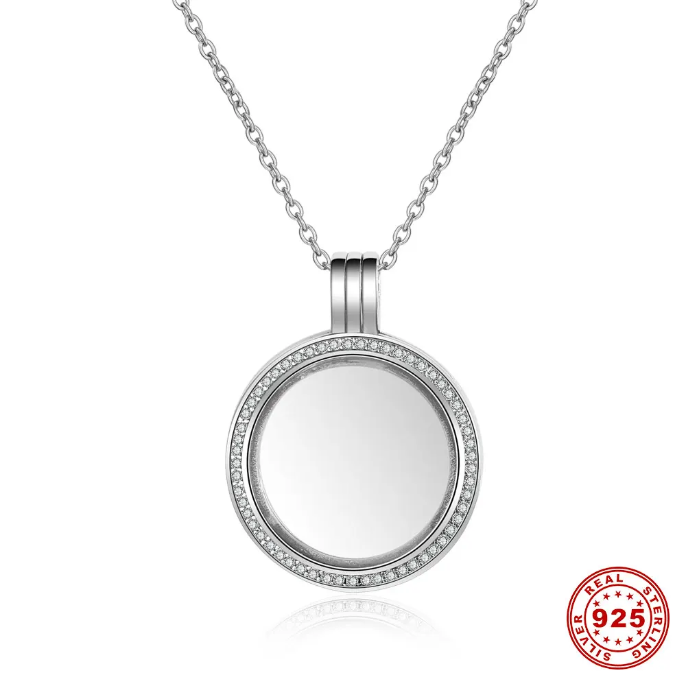 Genuine 925 Sterling Silver Floating Memory Crystal Round Locket