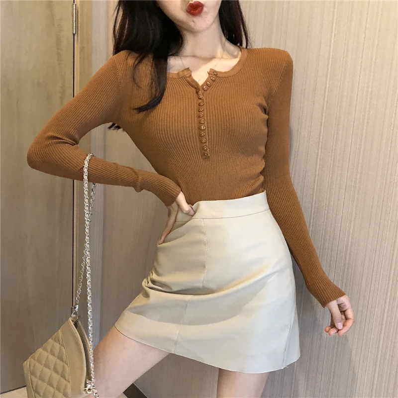 

GRUIICEEN spring autumn new solid color knitted sweater top women single breasted slim sweater jumpers GY201952