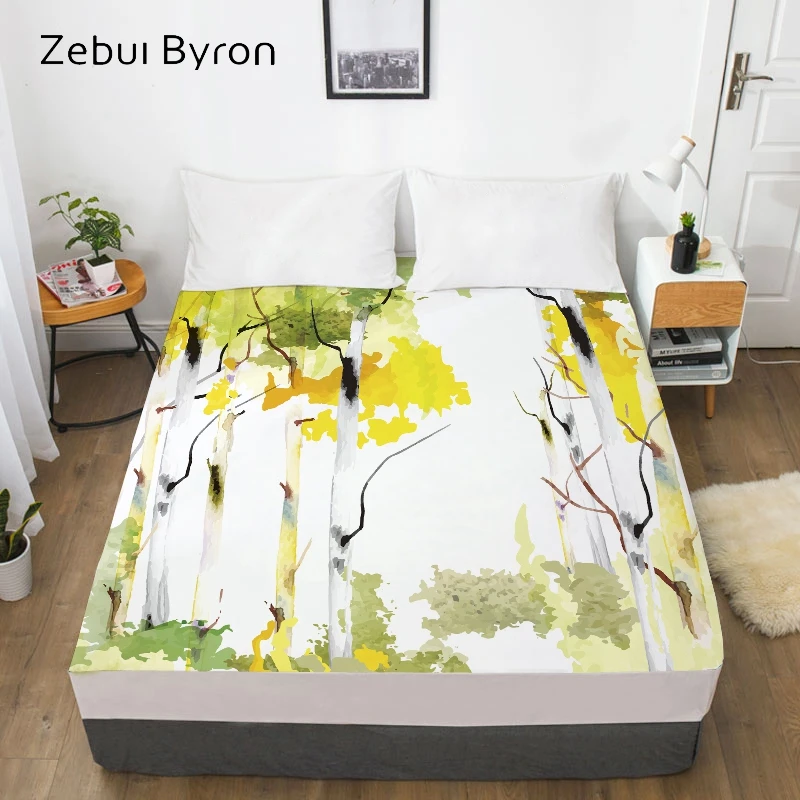 3D HD Digital Print Custom Bed Sheet With Elastic Fitted Twin/Full/Queen/King Woods oil painting Mattress Cover 160x200 | Дом и сад