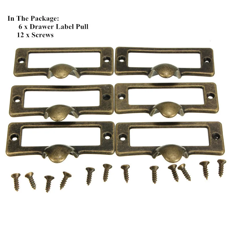 6pcs/lot File Name Card Handle Cabinet Handles Label Hold Antique Brass Drawer Label Pull Cabinet Frame Handle File Name Card