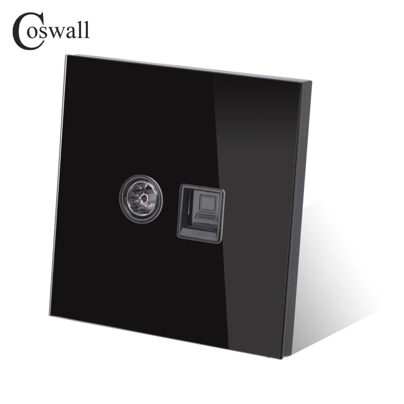 Coswall кристальная панель из закаленного стекла RJ45 CAT5E интернет-разъем с ТВ-розеткой настенная компьютерная розетка черная серия R11