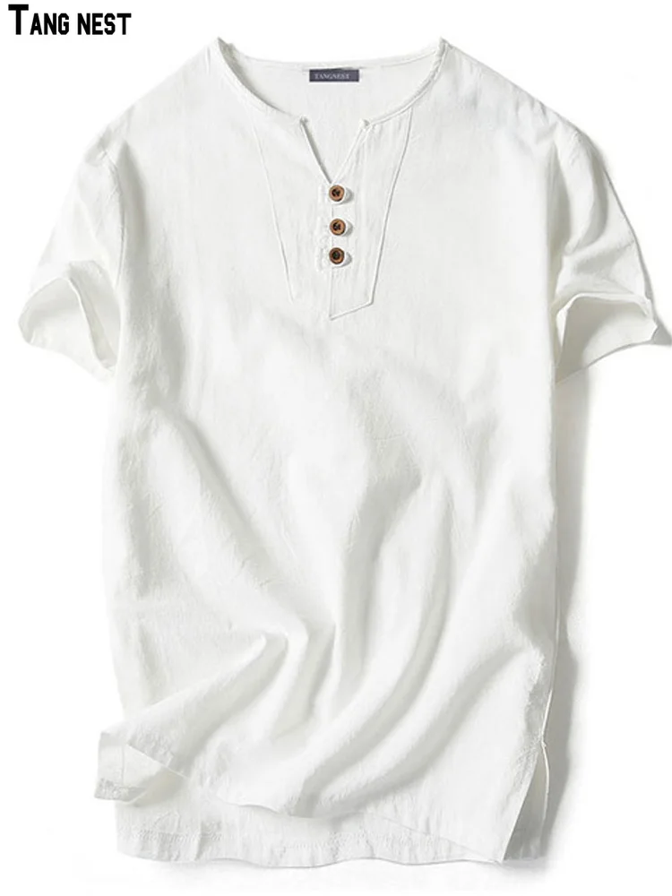 TANGNEST мужские льняные рубашки 2019 новые летние брендовые рубашки с коротким рукавом льняные однотонные с v-образным вырезом повседневные