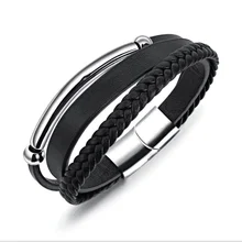 Для мужчин браслет и браслеты панк черный тканые Шарм Натуральная кожа браслет модные Браслеты нержавеющей стали античный подарок