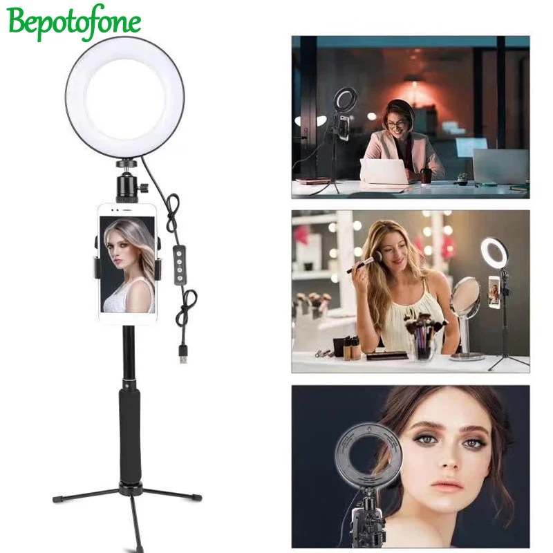 

BePotofone Photo Studio Phone Video Extendable mini desktop table LED Ring Light 5500K Photography Dimmable Makeup Ring Lamp