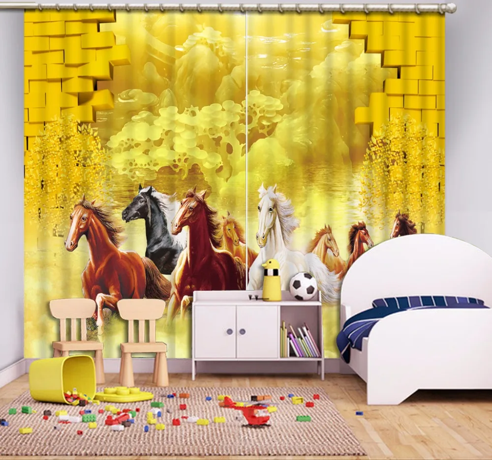 

beautiful living room curtains 3d window curtain Jade carved horse wall brick home decor curtain patterned window curtains