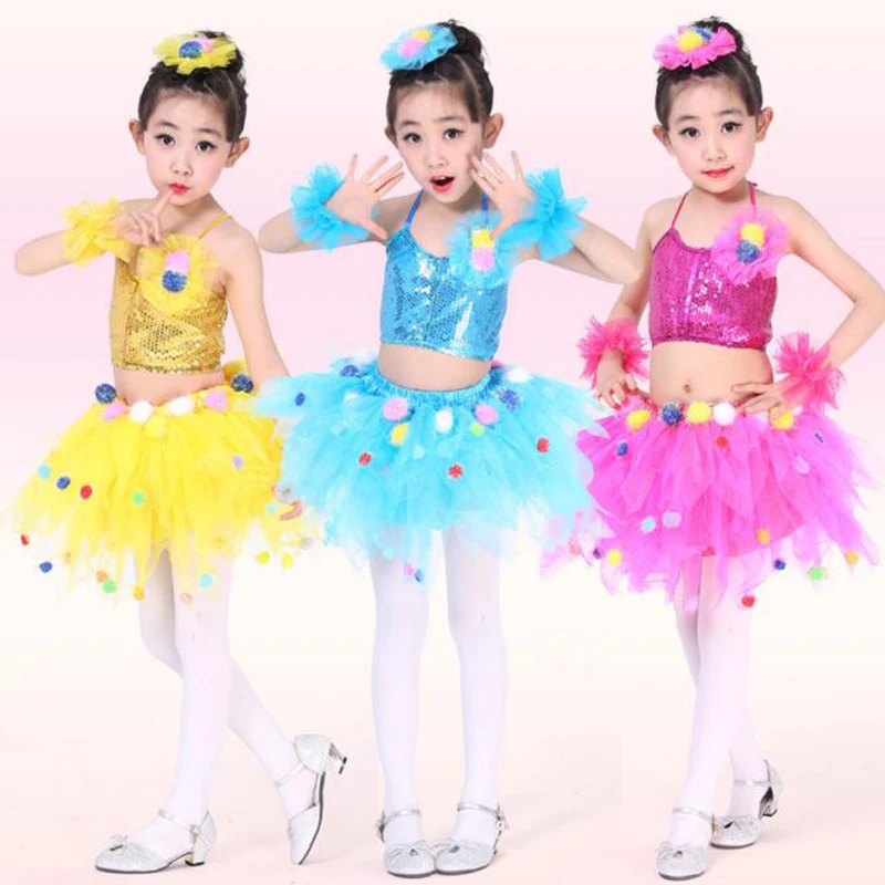 Kids Sequined Hip Hop Ballet dancewear costumes Girls Ballroom Party Tops+Skirt Jazz dance tutu dress performance dancing | Тематическая
