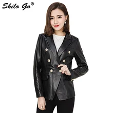 Шило GO Кожаная куртка женская мода весна овчины натуральной Кожаное пальто лацкан на воротник двубортный черные офисные Женское пальто