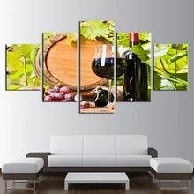 Печать высокого разширения на холсте домашний декор настенные картины 5 штук виноградные бокалы для красного вина Дубовые бочки живопись пробковая бутылка плакат ресторана