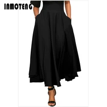 INMOTENG/черная плиссированная юбка-макси в стиле ретро с завышенной талией и поясом с бантом и карманами; Модная тонкая расклешенная длинная юбка; Faldas Mujer Petticoat