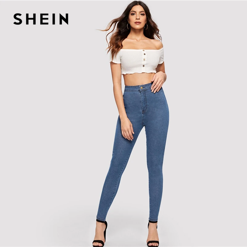 Однотонные обтягивающие джинсы SHEIN весна осень 2019 узкие эластичные синие темно
