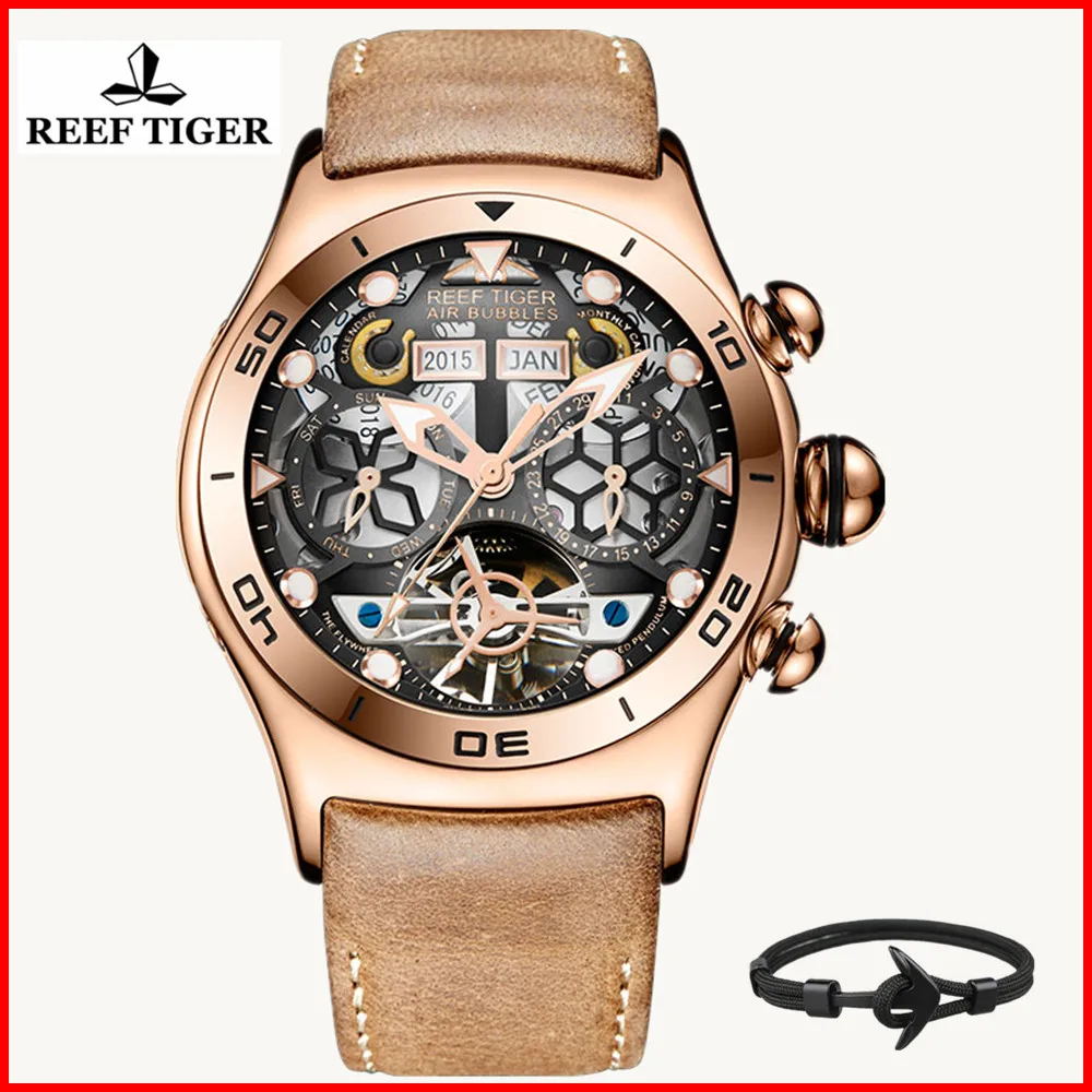 

Reef Tiger/RT Sport Watch For Men Skeleton Luminous Year Month Date Day Rose Gold Automatic Watches relogio masculino RGA703