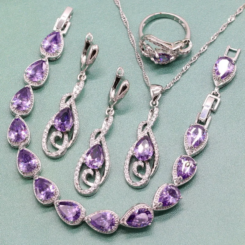 

Fashion Water Drop Purple Stone 925 Silver Female Jewelry Sets for Women Necklace Pendant Ring Dangle Earrings Bracelet Free Box