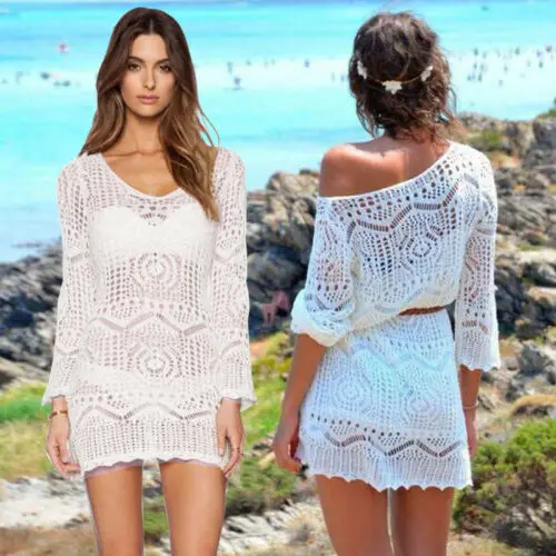 

Womens Sexy Lace Crochet Bikini Cover Up Swimwear Bathing Suit Summer Hot Casual Holiday Vacation Beach White Vestido Dress