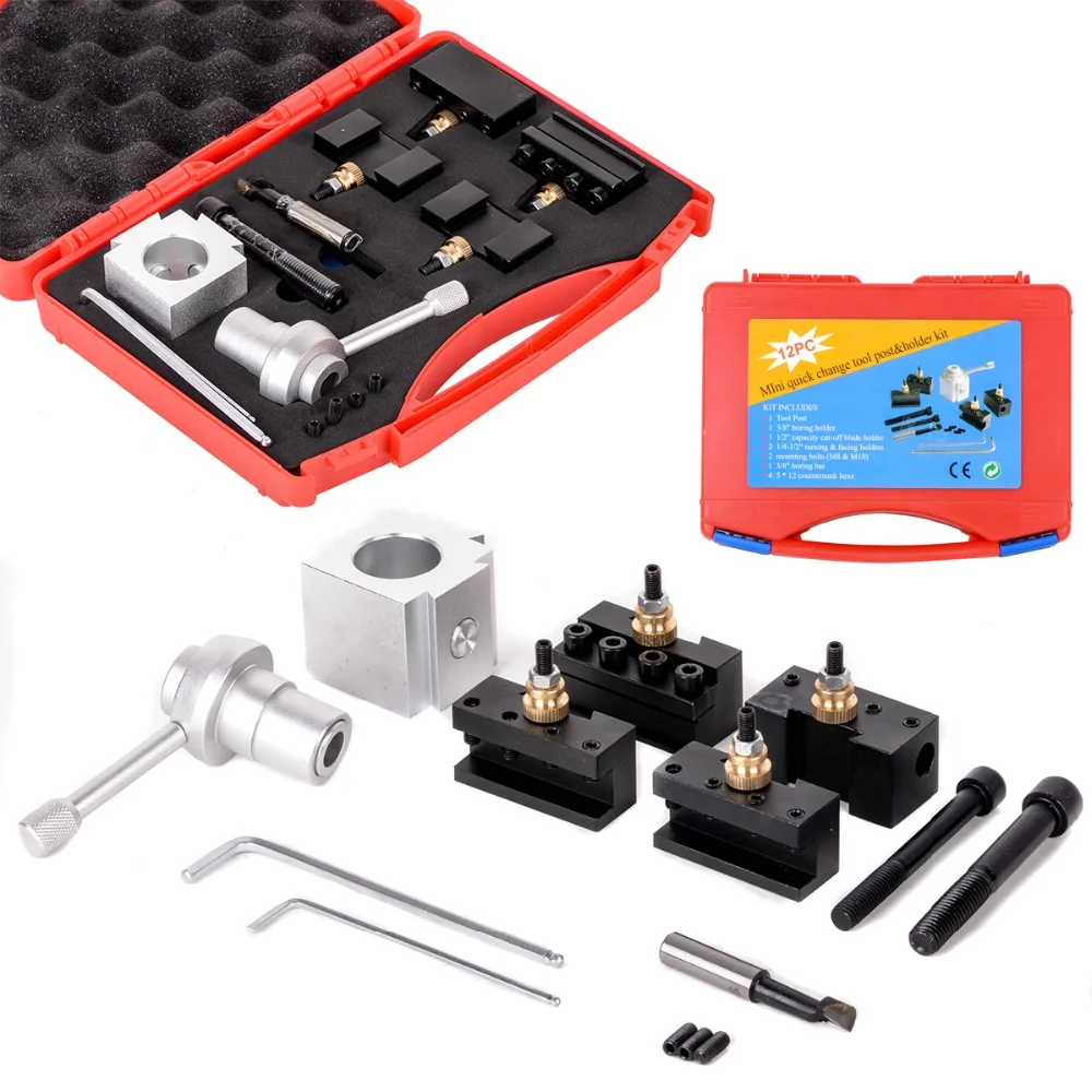 

Aluminum Mini Lathe Tool Holder Quick Change Post Cutter Holders Screw Kit Boring Bar Turning Facing Stand Wrench + Hex Wrench