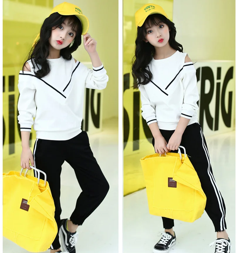 2019 Fashion Big Girls Sports Suits Off Shoulder Black/ White Clothing Set for Teenage Spring Autumn Tracksuit Kids Sportswear 2019 Fashion Big Girls Sports Suits Off Shoulder Black/ White Clothing Set for Teenage Spring Autumn Tracksuit Kids Sportswear