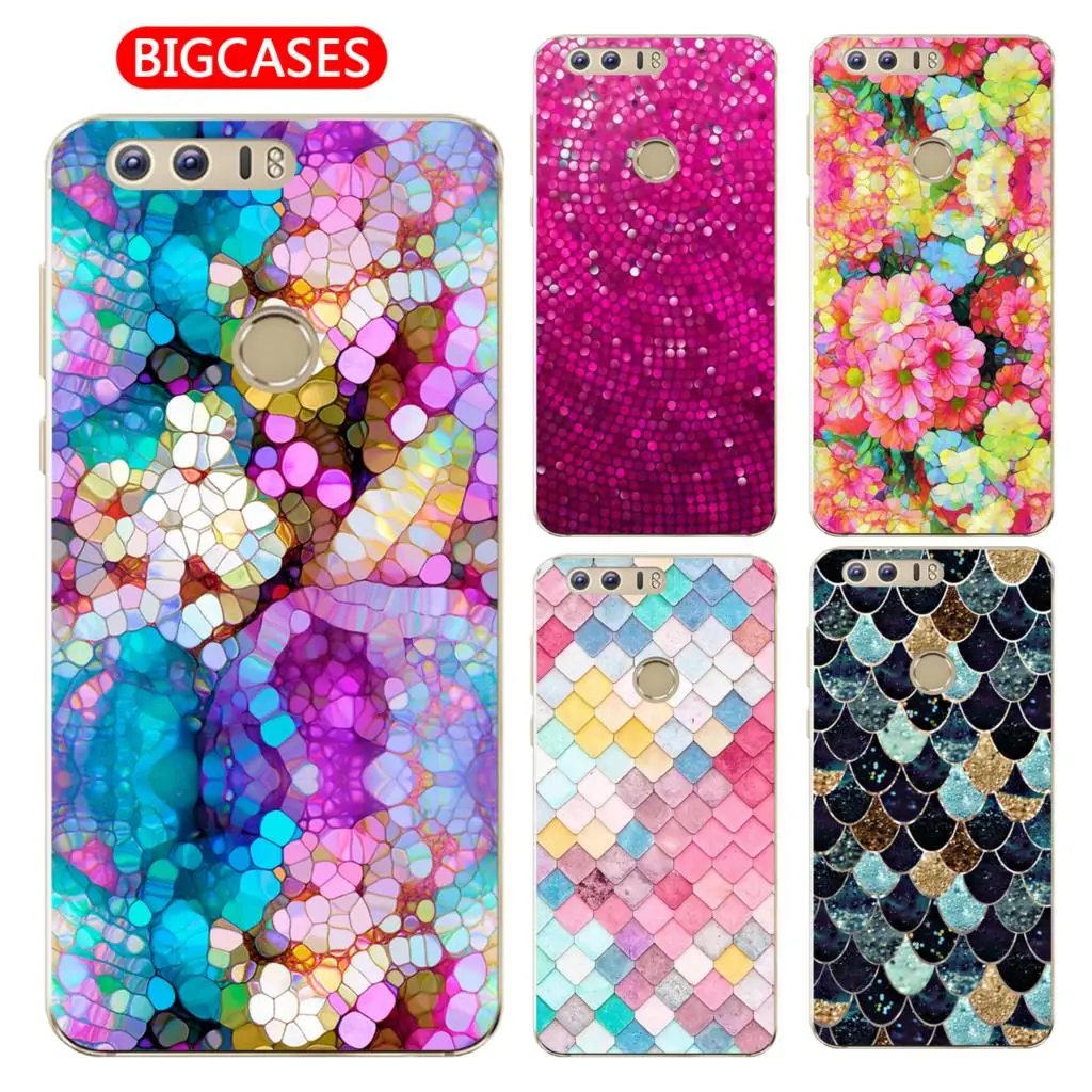 

BigCases For Huawei Honor 8 Case Cover 5.2" Soft TPU Silicone Cute Happy Color Fish Scales Flower Pattern Painted Phone Case